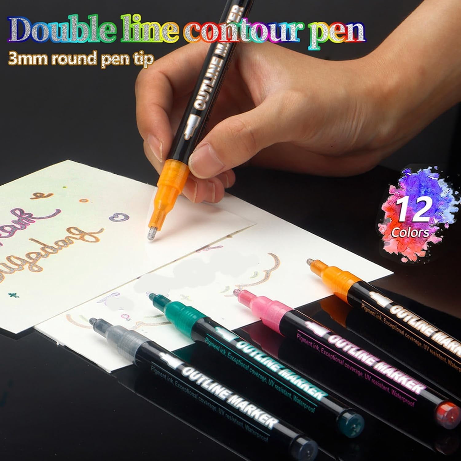 Dreamy Sparkle Dual-Line Contour Pen Set,Metallic Outline Marker with 0.08-0.12in Precision Tip,Fast-Drying Non-Toxic Ink for Art,Cards & DIY Crafts,Easy to Use