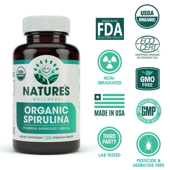 USDA Organic Spirulina Tablets - Non-GMO Green Superfood Supplement: 3000mg of Fresh Blue Green Algae, Vegan, Gluten Free, Sustainably Grown, Pesticides Free and Non-Irradiated, 500mg per Tablet, 180