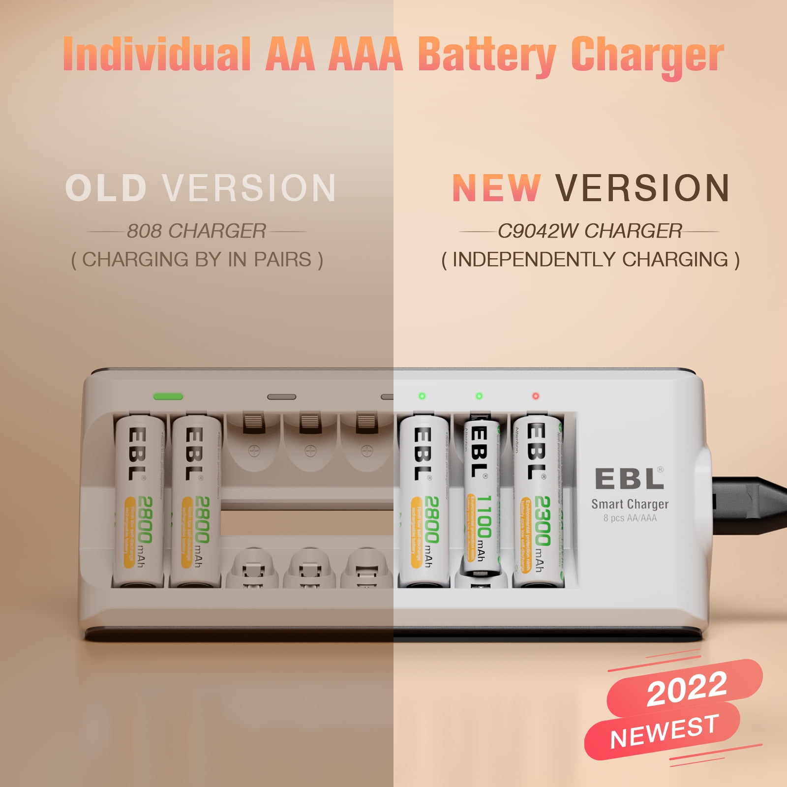 EBL AA Rechargeable Batteries 2800mAh (8 Pack) + Battery Charger for Ni-MH Ni-CD AAA AA Batteries