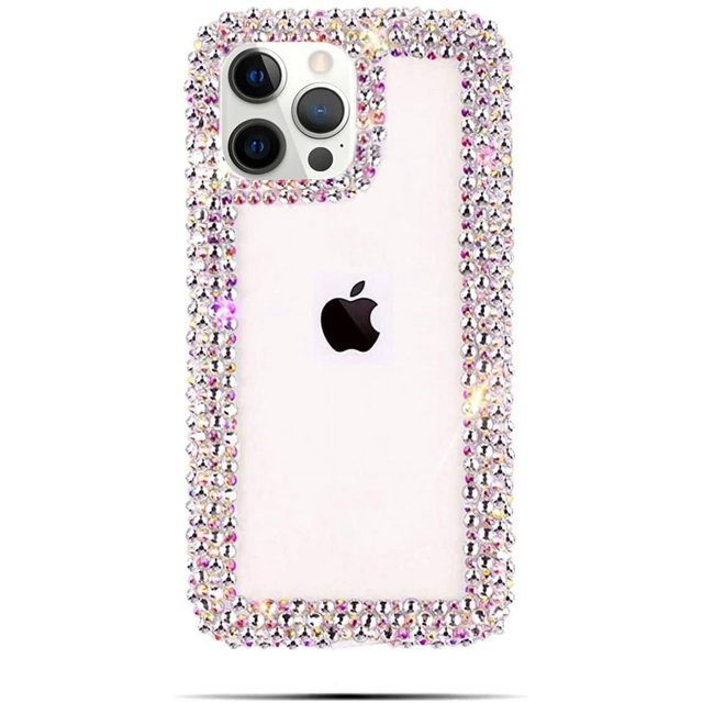 Funda para iPhone 13 Pro Max para mujeres y niñas 3D con purpurina brillante y bonitos abalorios de cristal con diamantes de imitación y parachoques transparente