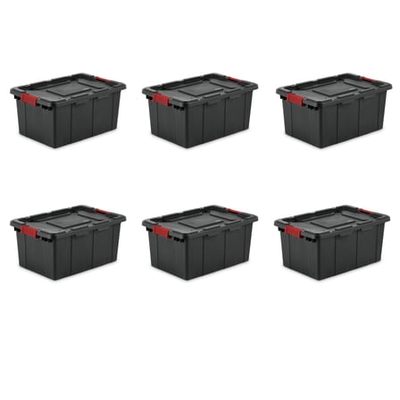 Sterilite Industrial Storage Bin,15 Gallon Rugged Plastic Tote with Latch Lid, Black, 6 Pack