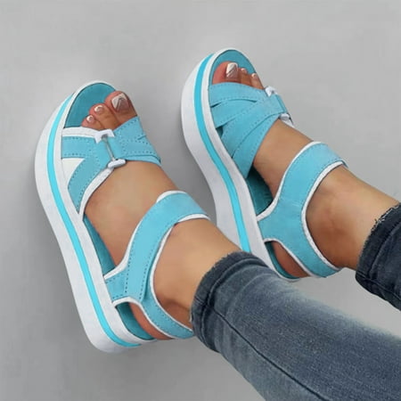 

Aayomet Flat Sandals for Women Ladies Fashion Summer Color Blocking Open Toe Hook Loop Thick Wedge Heel Sandals Light Blue 8.5