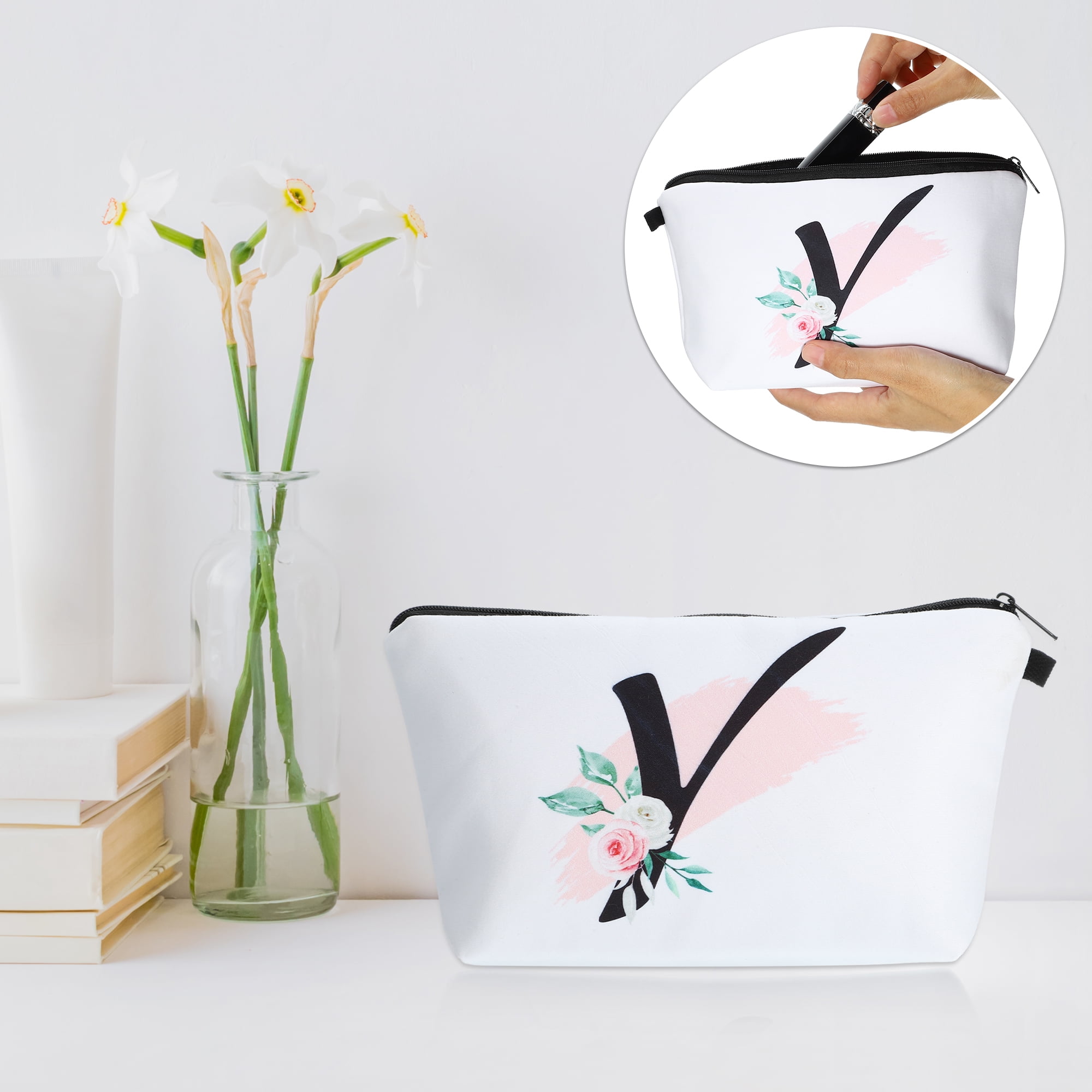 Unique Bargains Personalized Makeup Bag Y Cosmetic Bag Small Monogrammed Purse White