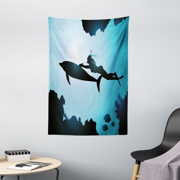 Dolphin Tapestry, Scuba Diver Girl Swimming with Dolphin Silhouette in Sea Fish Reefs Image, Wall Hanging for Bedroom Living Room Dorm Decor, 40W X 60L Inches, Pale Blue Black, by Ambesonne