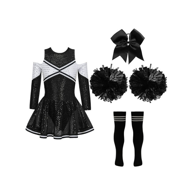 Moggemol Uniforme de Cheerleading Brillant pour Filles Robe de Danse Tutu à Sequins Manches Longues Tenues de Cheerleading Noir&Blanc 12