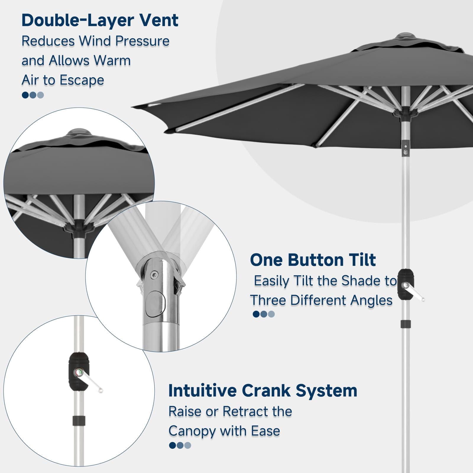 9FT Aluminum Outdoor Patio Umbrella, Fade-Resistant Market Umbrella with Push Button Tilt Function, 8 Sturdy All-Aluminum Ribs for Gardens, Patios, Backyards & Pools (Grey)