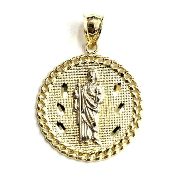 10k two tone gold round saint Jude San juda pendant charm religious jewelry 3.4g