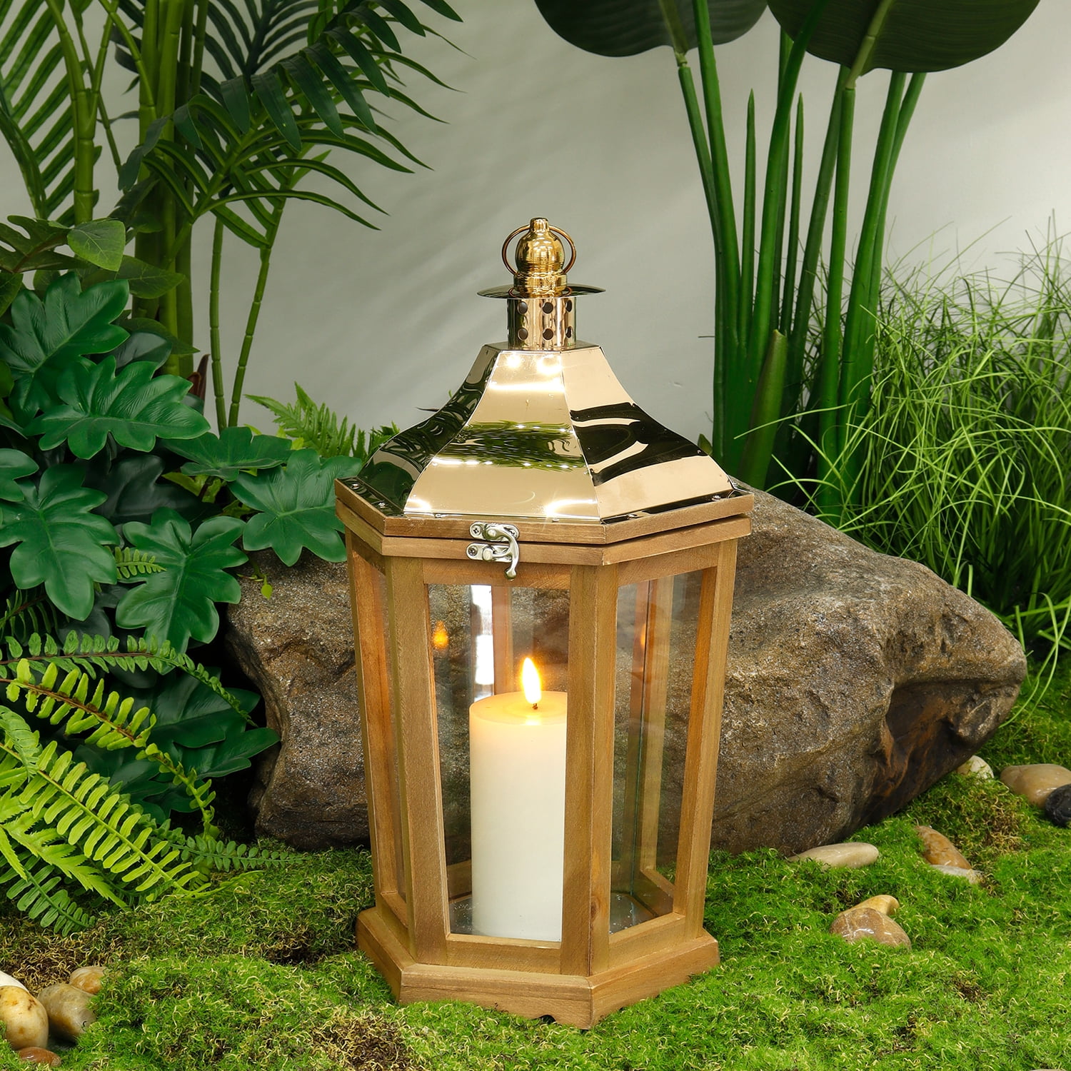 Medium Wood Outdoor Candle Lantern, Stainless Steel Candle Lantern