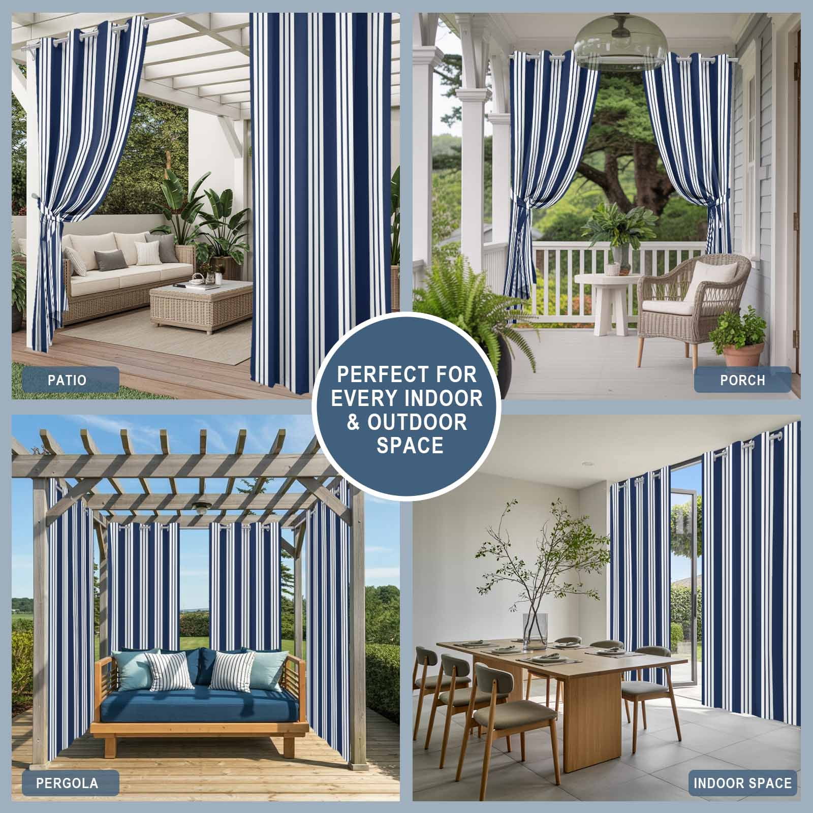 Navy Blue Striped Outdoor Curtains for Patio, Modern Classic Stripes Rustic Country Farmhouse Sunshade Privacy Drapes Grommet Waterproof Outside Curtains for Porch/Cabana/Balcony 54"x 108", 1 Panel