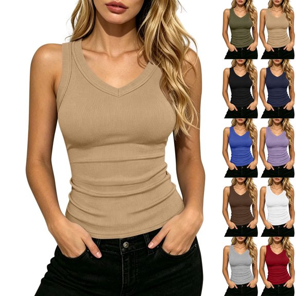 Wutalume Summer Tank Tops for Women - Racerback Basic Athletic Fit V Neck Ribbed Slim Sleeveless Tops for Layering or Daily Fashion Trendy Style,Army Green L