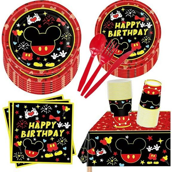 81 Pcs Mickey Birthday Party Supplies, Mickey Party Tableware, Paper Plates, Napkins, Cups, Knives, Spoons and Forks,Mickey Themed Birthday Party Supplies Decorations