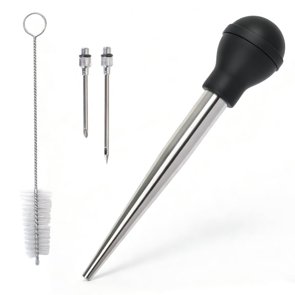 Turkey Baster Syringe for Cooking, Large Stainless Steel Meat Injector, with Cleaning Brush and 2 Marinade Needles, Black