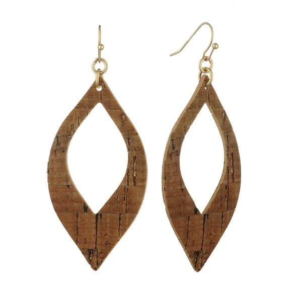 Women's Textured Open Cut Almond Shaped Dangle Pierced Earrings, Wood Brown