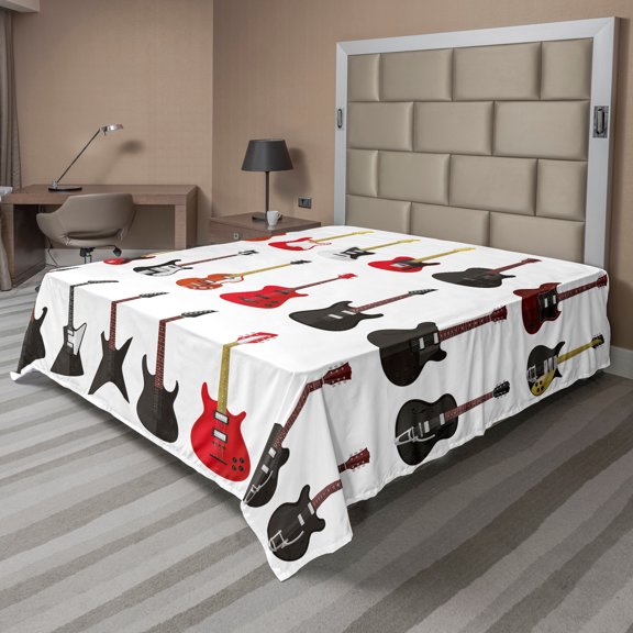 Ambesonne Guitar Flat Sheet, Instruments Acoustic, California King, Vermilion White Black