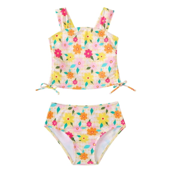 Kucnuzki 5T Little Girls Swimsuit Set 6T Girl Summer Bathing Suit Drawstring Floral Top Bottoms 2pcs Bikini Set Beach Breathable Tankini Set Swimwear Yellow