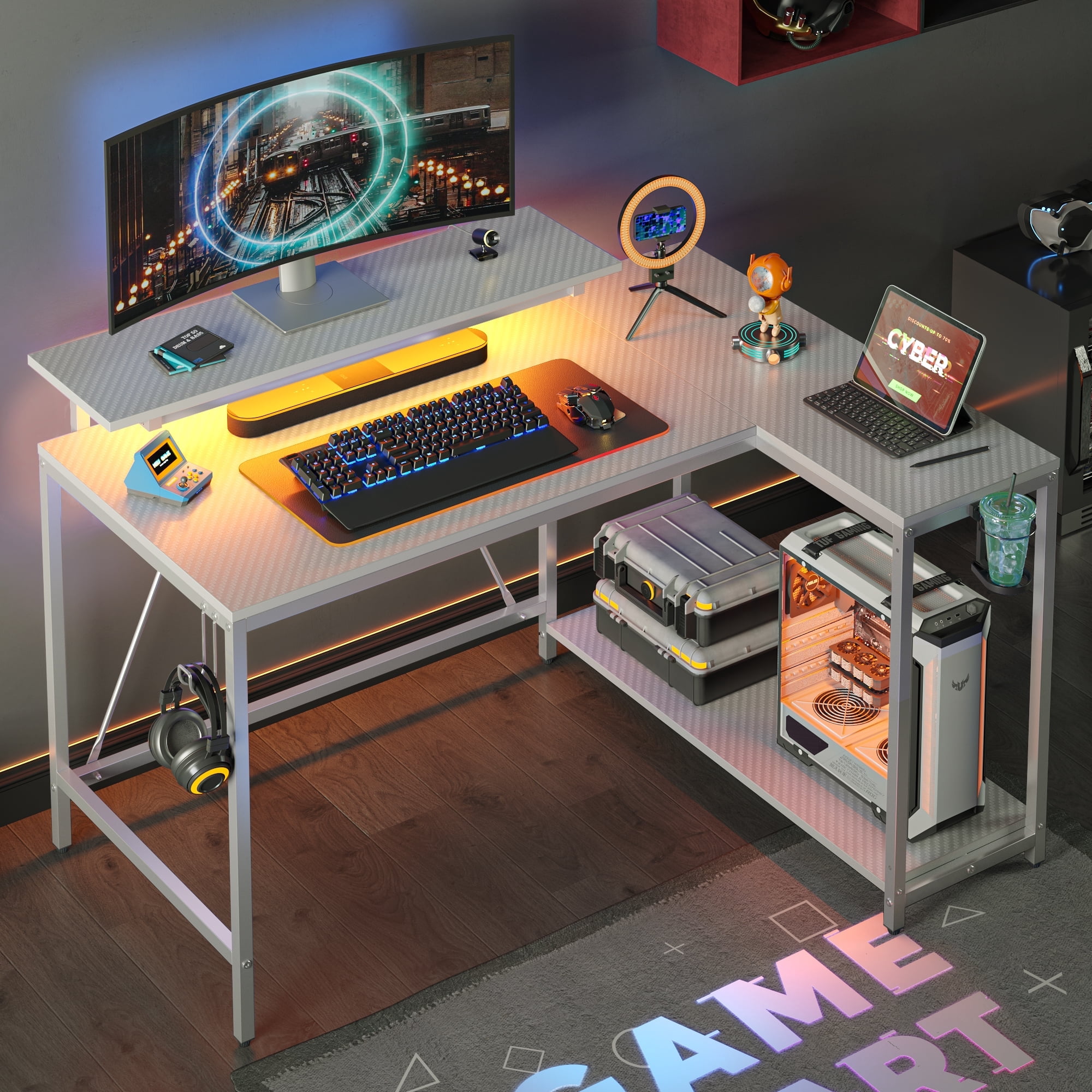 Pinmoco 42" Small Corner Computer Desk with Monitor Stand, Cup Holder& Headset Hooks, Home Office, Carbon Fiber Gray