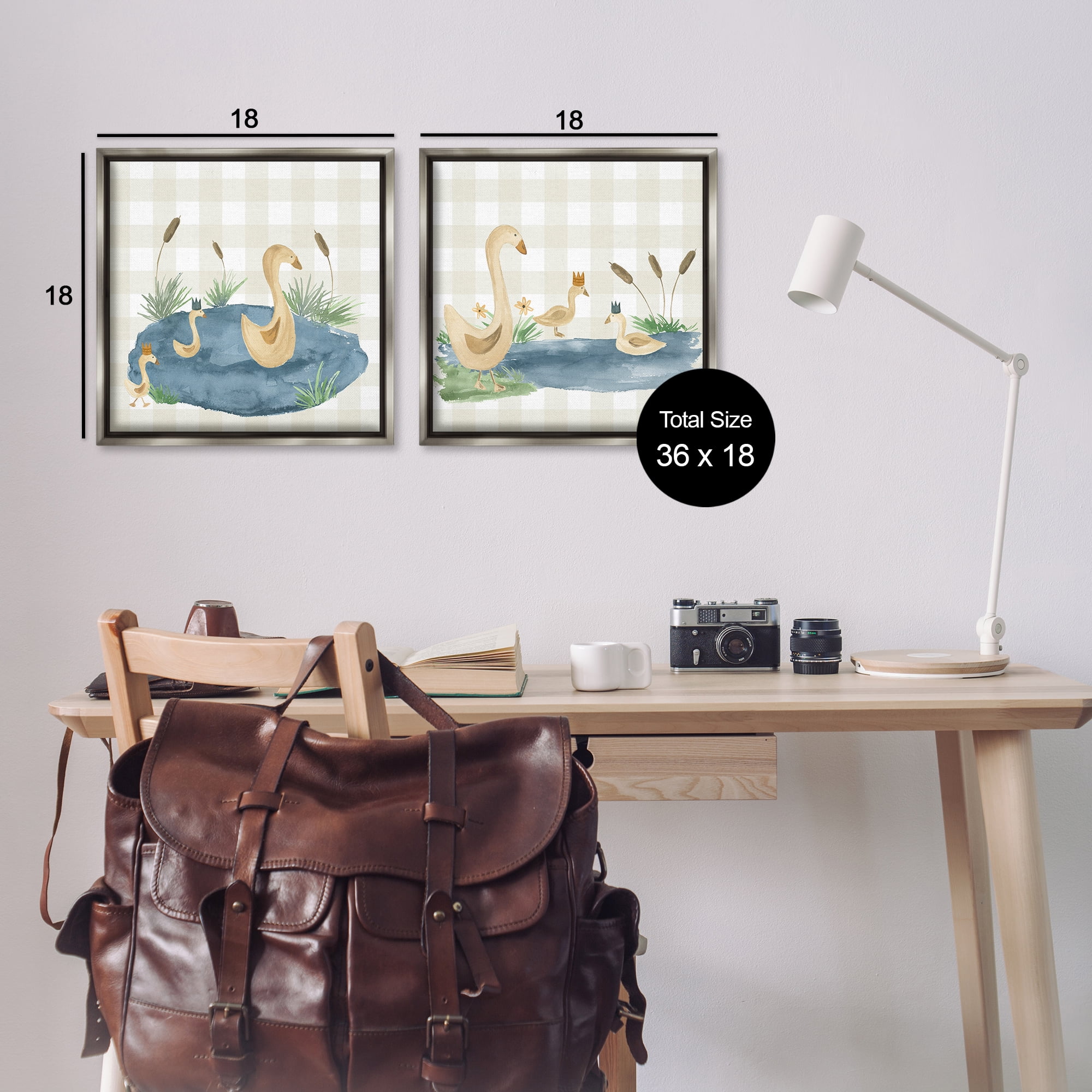 Stupell Industries Swan Family in Pond Landscape & Nature Painting Gray Floater Framed Canvas Art Print Wall Art, 18 x 18, Set of 2