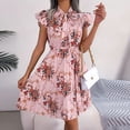 thumbnail image 5 of Wycnly Formal Dresses for Women Party Prom Vintage Ruffle Sleeve Pleated Swing Formal Dresses with Tie Short Sleeve Stand Neck Floral Print 2025 Summer Mini Dress Pink l, 5 of 7