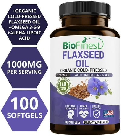 Biofinest Organic Flaxseed Oil Supplement - 1000mg with Omega 3-6-9 & ALA - 100% Organic Cold-Pressed - For Cardiovascular Health, Immune Support, Healthy Skin, Nails & Hair (120 Liquid