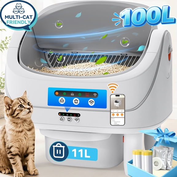 Self Cleaning Litter Box for Multiple Cats, Automatic Cat Litter Box with APP Control & Touch Panel, 111L Capacity Automatic Litter Box, Open Top Design, Odor Control System, Quiet Cleaning for Home
