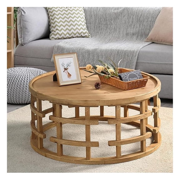 Farmhouse Round Coffee Table, French Country Wooden Coffee Table, Boho Living Room Table, Rustic Solid Wood Finish with Openwork Design, 31.5 Inch