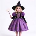thumbnail image 3 of Girls Witch Costume Dress, Puff Sleeve Tulle Gown for Toddler Kids Halloween Cosplay Party, 3 of 7