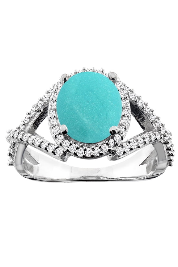 14K White Gold Natural Turquoise Ring Oval 9x7mm Diamond Accent, size 9