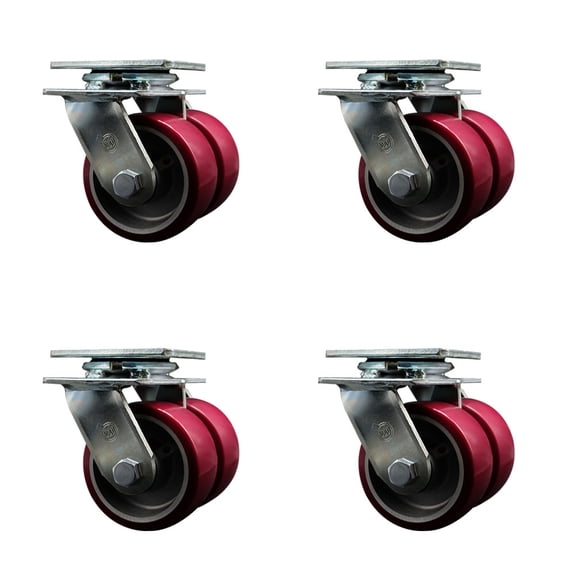 4 Inch Dual Poly on Aluminum Wheels Swivel Caster Set with Ball Bearings SCC