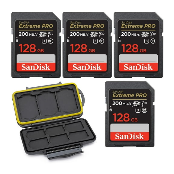 SanDisk 128GB Extreme PRO 200MB/s Memory Card (4-pack) with Memory Case bundle