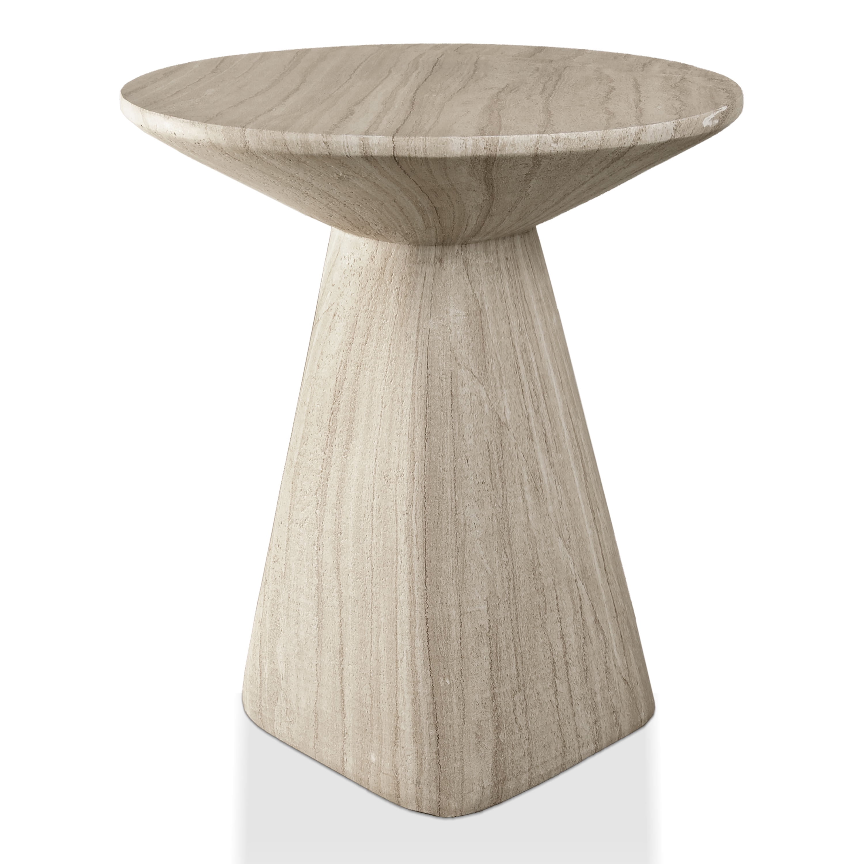 Furniture of America Isla Modern Stone Indoor & Covered Patio Round Sculptural Pedestal End Table, Beige Travertine