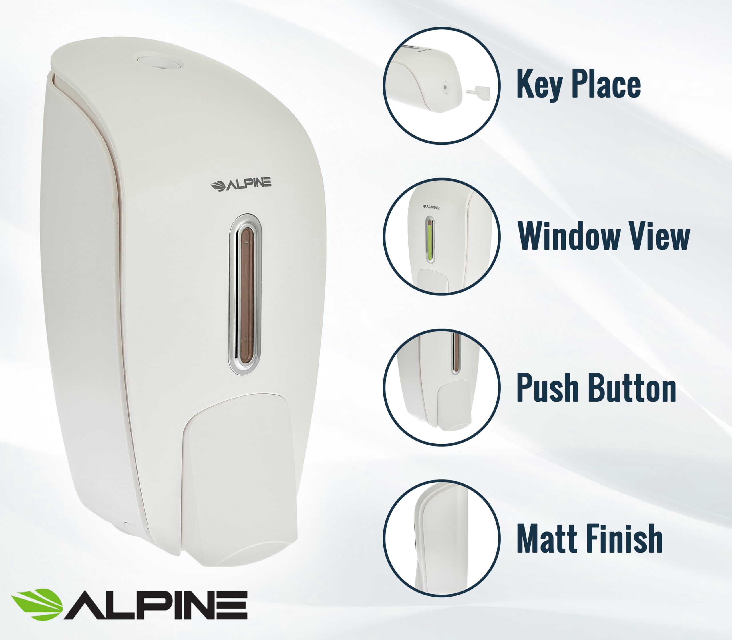 Alpine Manual Soap Dispenser Wall Mount - Commercial Soap Dispenser Wall Mounted for Liquid Soap & Hand Sanitizer Perfect for Bathroom, Kitchen, Refillable 800 ml Capacity (White)