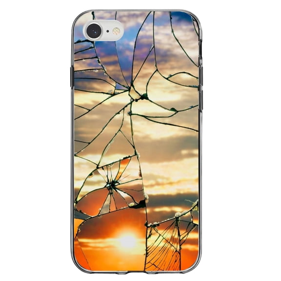 DistinctInk Clear Shockproof Hybrid Case for iPhone 7 8 SE (2020 Model) 4.7" Screen TPU Bumper Acrylic Back Tempered Glass Screen Protector - Shattered Glass Sunrise