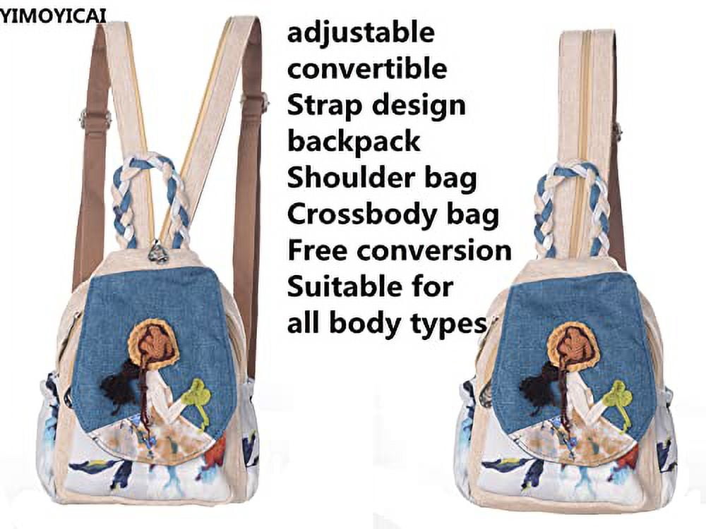 YIMOYICAI Backpack Purse for Women Girl's Convertible Sling Bag Boho Hippie Embroidered Woven Canvas with Woven Cotton Perfect Small Sling Bag Holding Happiness