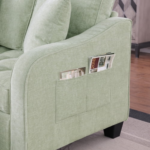 2-Seater Sofa Modern Chaise Lounge with Storage Footrest, Irregular Curved Armrests, Plush Checkered Cushions, 2 Throw Pillows, Cyan