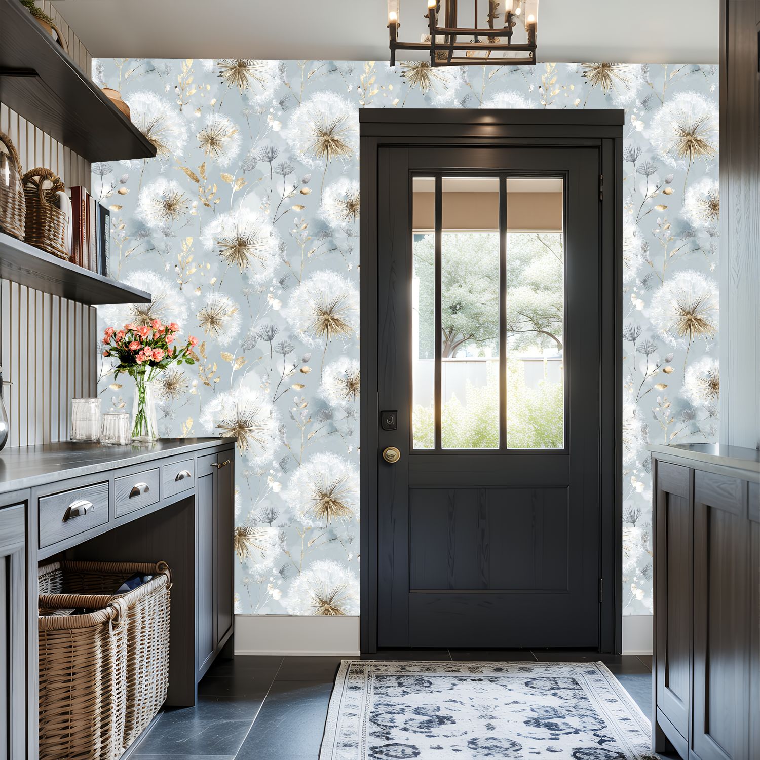 Boho Peel and Stick Wallpaper Delicate Dandelion Gold Floral Soft Blue Wall Mural 17.7in x 9.8ft Self Adhesive Removable Wall Paper Renter Friendly Wallpaper for Nursery Bedroom Cabinets