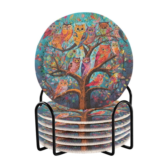 Owls Colorful Trees 6 Pcs Drink Coasters with Holder Absorbent Coasters Woven Coasters for Drinks Table Desk Protection Home Decor