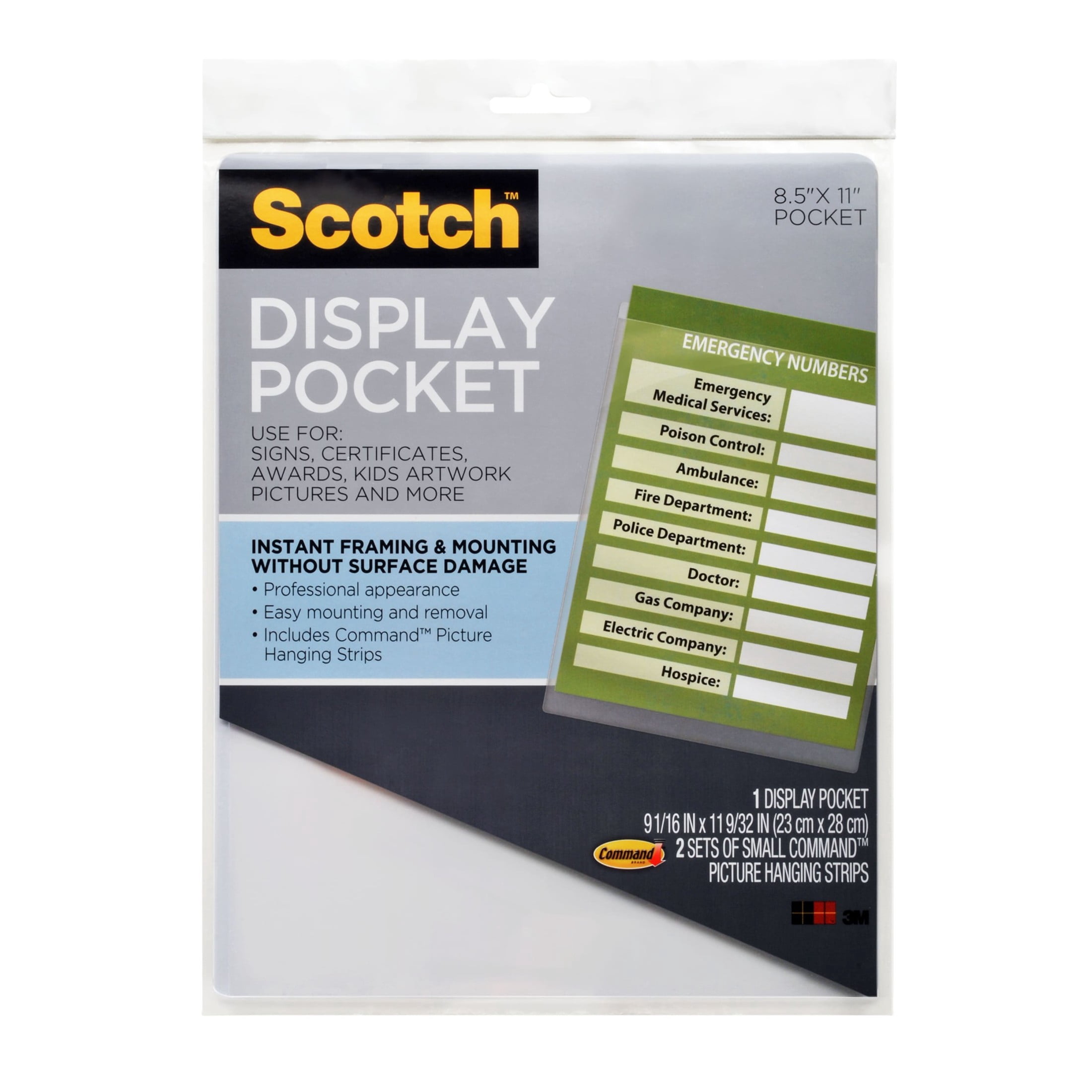 (2 pack) Scotch Display Pockets , 8.5" x 11", 1 pocket, 2 sets of Command Picture Hanging Strips
