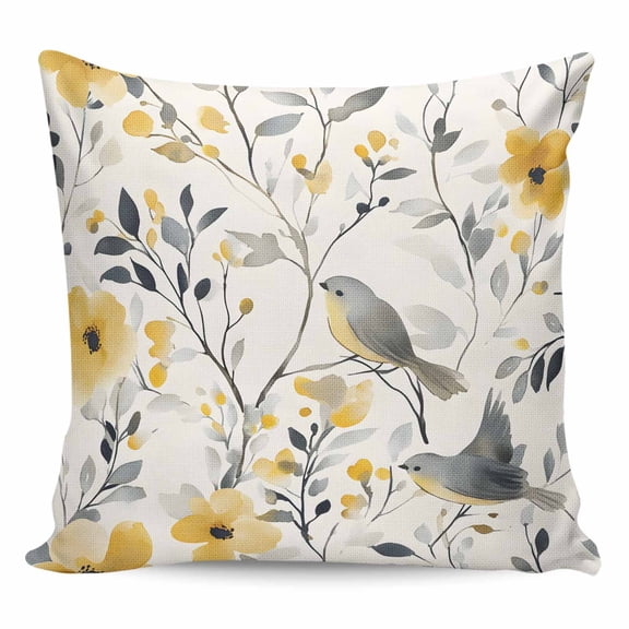 Throw Pillow Covers 20x20 Inch, Yellow Grey Botanical Decorative Pillow Cases for Couch Sofa Bed, Birds Spring Floral Pastoral Cotton Linen Square Home Decor Pillowcases with Hidden Zipper