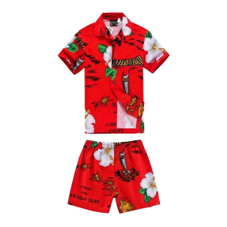 Boy Hawaiian Aloha Luau Shirt and Shorts 2 Piece Cabana Set in Red Boat 6