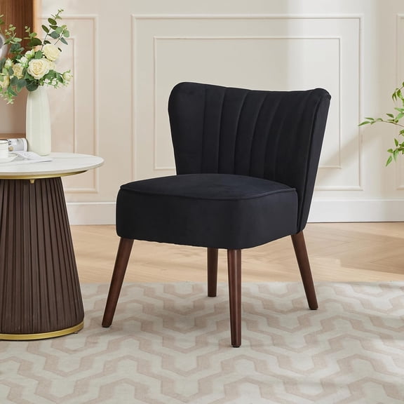 Modern Velvet Accent Chair, Soft Upholstered Living Room Chair with Wooden Legs, Comfy Armless Lounge Chair for Living Room/Makeup/Office/Bedroom, Black