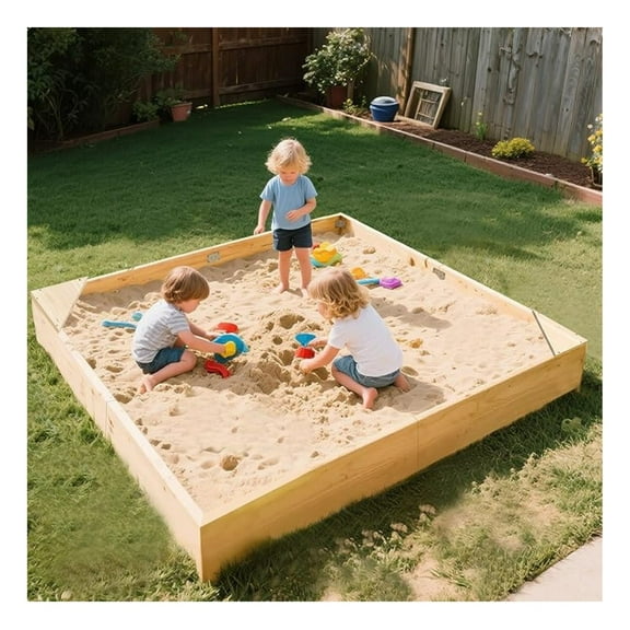 Wooden Sandbox, 71''x71''x8'' Large Sandbox w/Cover, Outdoor Sand Box for Kids Outdoor Play