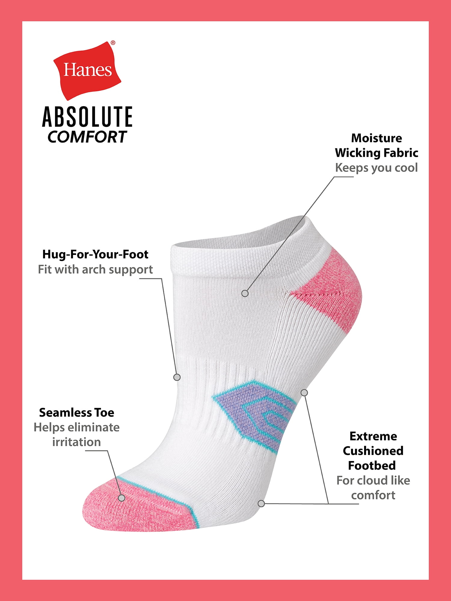 Hanes Women's Absolute Comfort Super No-Show Socks, 4-Pack, Size 5-9