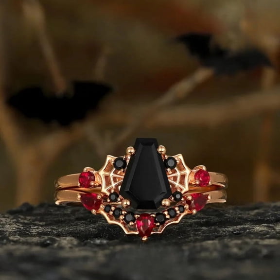 Gothic Black Onyx & Ruby Spider Web Ring Set – Curved Stacking Band in 14K Rose Gold Vermeil | Alternative Bridal Jewelry for Her