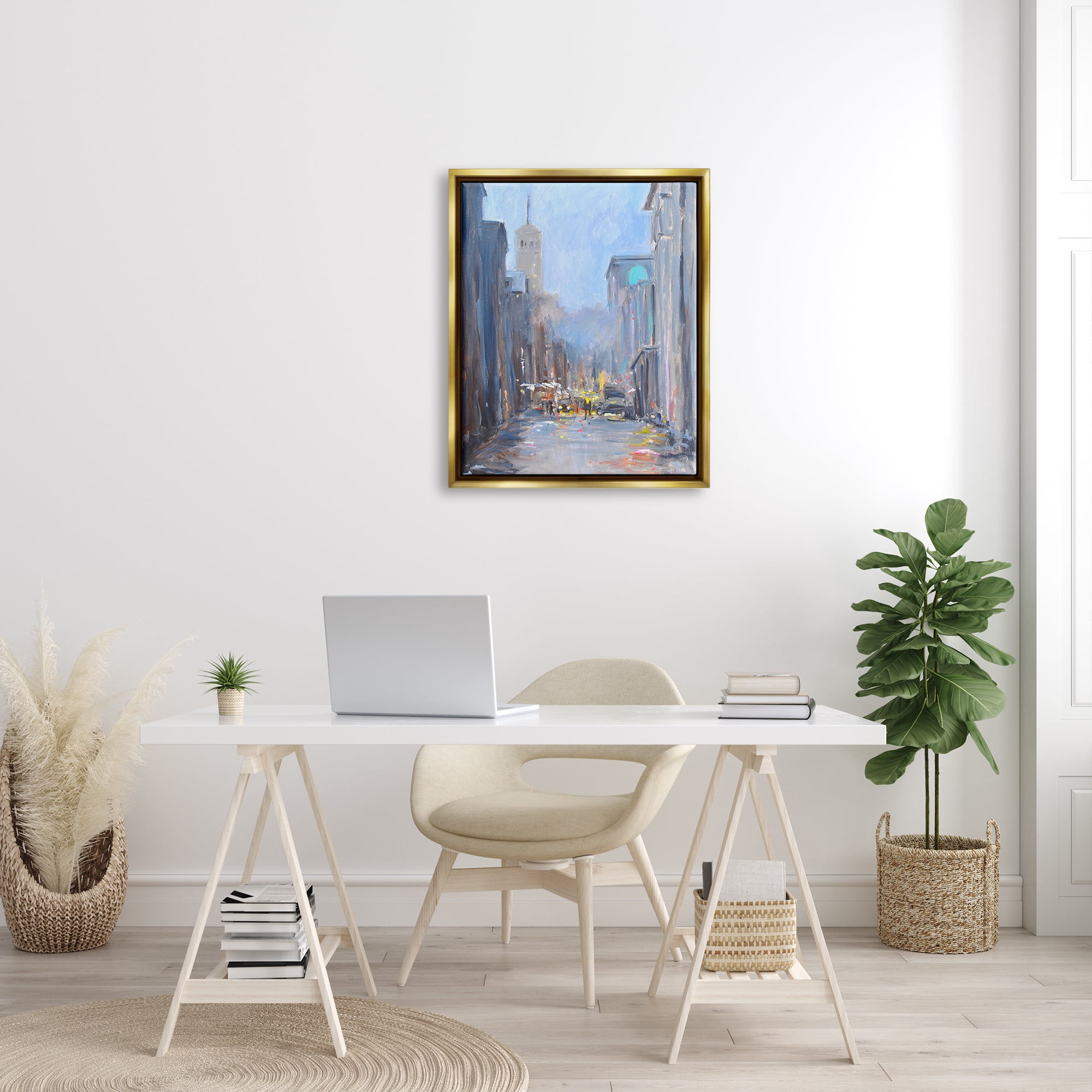 Stupell Industries Abstract Rainy City Reflections Tall Urban Buildings Painting Metallic Gold Floating Framed Canvas Print Wall Art, Design by Allayn Stevens