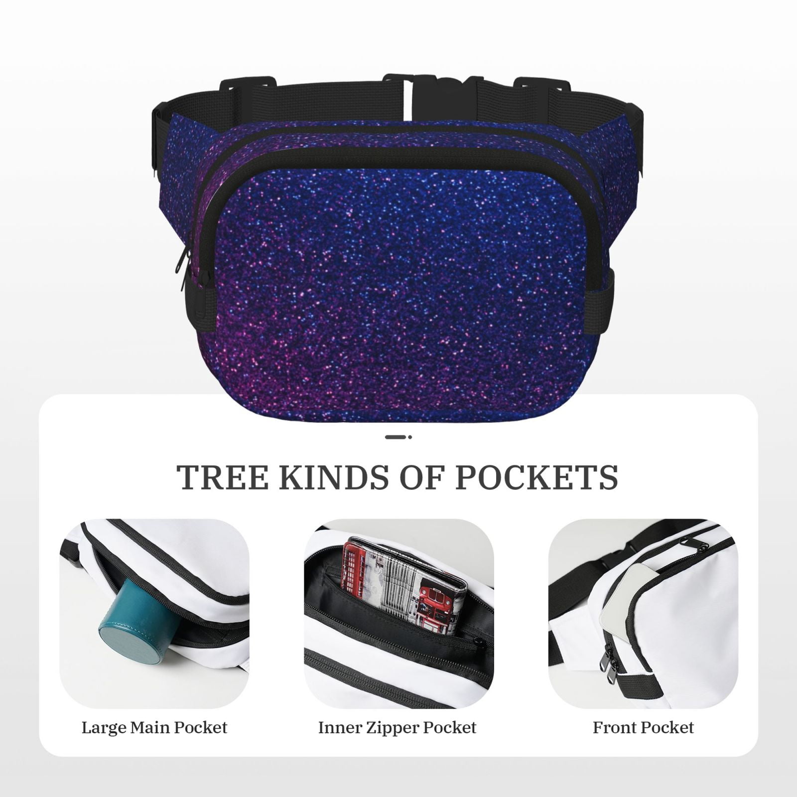 Fuzoiu Neon Glitter Print Unisex Square Double Layer Waist Bag,Crossbody Fanny Pack Travel Workout Accessory