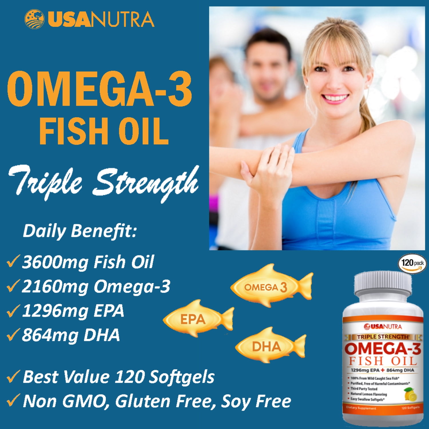 USANUTRA Omega 3 Fish Oil 3600mg Triple Strength Wild Caught Icelandic Anchovy Fish Oil.  120 Easy Swallow Softgels, 40 Day Supply