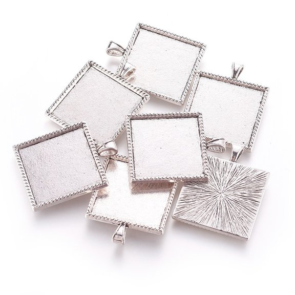 Tibetan style Pendant Cabochon Settings Plain Edge Bezel Cups Cadmium Free Lead Free Nickel Free Square Silver 37x30x3mm Tray:25x25mm Hole: 5x3mm