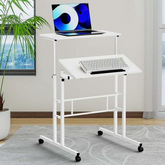 Small Standing Desk Adjustable Height and Angle, Computer Laptop Desk Home Office Sit Standup Desk, Portable Rolling Desk with Wheels, 2 Platforms, White