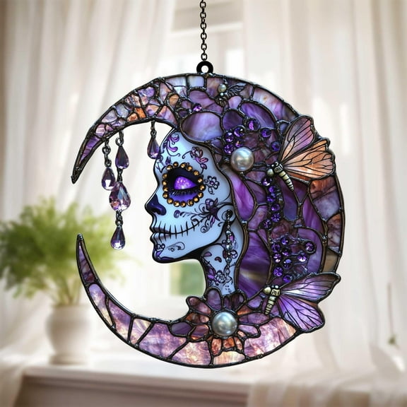 Day of the Dead Woman ACRYLIC Suncatcher Crescent Moon with Butterflies & Purple Jewels Window Hanging for Gothic Home Decor
