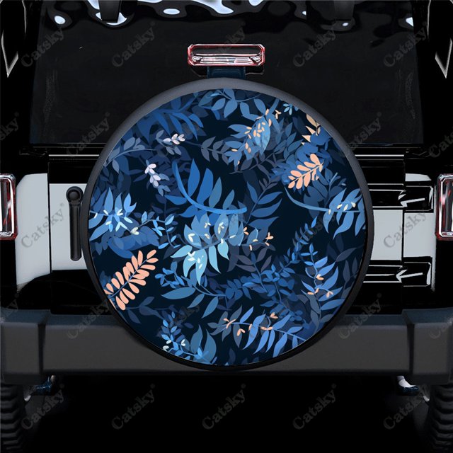Abstract Modern Blue Leaves Pattern Polyester Universal Spare Wheel Tire Cover Wheel Covers for Trailer RV SUV Truck Camper